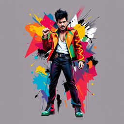 A full-body portrait of a punk rock icon inspired by Freddie Mercury, designed for Queen fans, portrayed in a stunning abstract art style