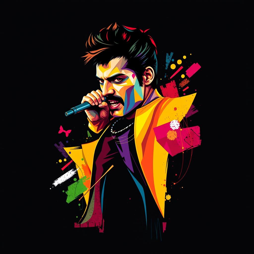 A full-body portrait of a punk rock icon inspired by Freddie Mercury, designed for Queen fans, portrayed in a stunning abstract art style