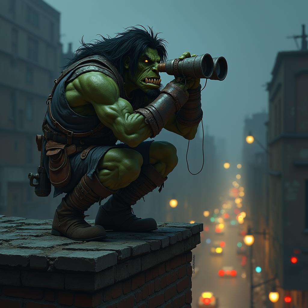 A rugged half-orc rogue named 'Urgh the Ugly', depicted as a spotter in a dark and gritty urban environment