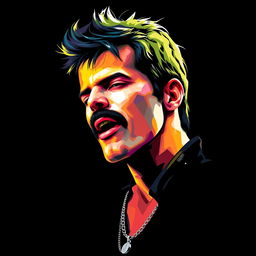 A full-body portrait of a punk rock icon inspired by Freddie Mercury, specifically created for Queen fans, depicted in a captivating abstract art style