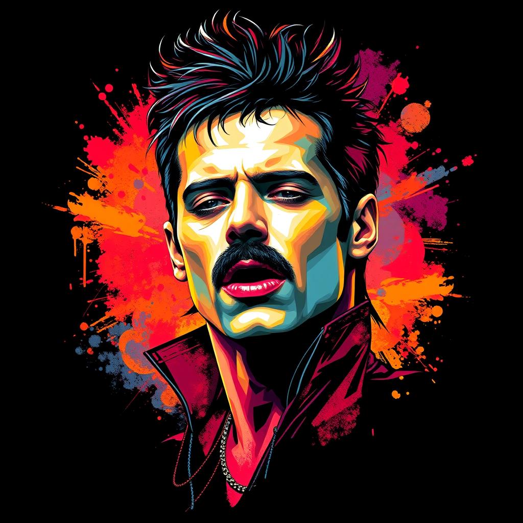 A full-body portrait of a punk rock icon inspired by Freddie Mercury, specifically created for Queen fans, depicted in a captivating abstract art style