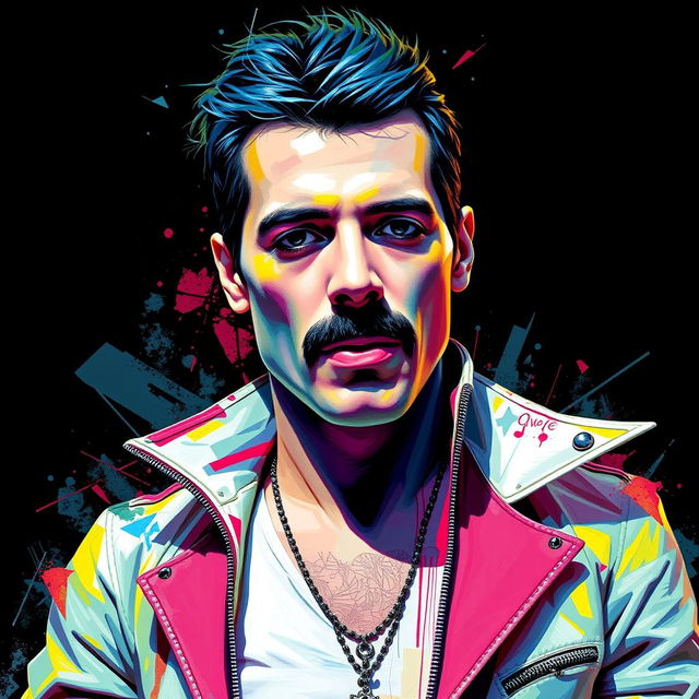 A full-body portrait of a punk rock icon inspired by Freddie Mercury, specifically created for Queen fans, depicted in a captivating abstract art style