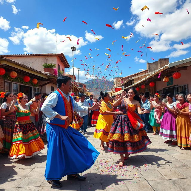 A dynamic and energetic scene depicting a vibrant Borape festival: colorful traditional costumes, energetic dancers performing lively folkloric dances, traditional music instruments in the background, beautiful decorations showcasing local culture, a joyful crowd celebrating with smiles and laughter under a clear blue sky, vibrant confetti floating in the air, showcasing the essence of community and tradition