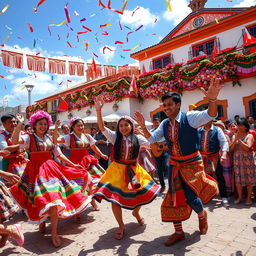 A dynamic and energetic scene depicting a vibrant Borape festival: colorful traditional costumes, energetic dancers performing lively folkloric dances, traditional music instruments in the background, beautiful decorations showcasing local culture, a joyful crowd celebrating with smiles and laughter under a clear blue sky, vibrant confetti floating in the air, showcasing the essence of community and tradition