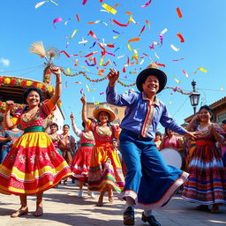 A dynamic and energetic scene depicting a vibrant Borape festival: colorful traditional costumes, energetic dancers performing lively folkloric dances, traditional music instruments in the background, beautiful decorations showcasing local culture, a joyful crowd celebrating with smiles and laughter under a clear blue sky, vibrant confetti floating in the air, showcasing the essence of community and tradition