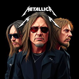 A full-body portrait of punk rock icons inspired by Metallica, crafted for the fans, depicted in a striking polygon art style