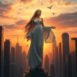 A giant woman standing majestically in a vibrant cityscape, skyscrapers at her feet, looking down with a gentle smile
