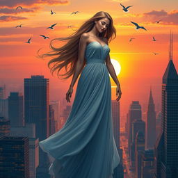 A giant woman standing majestically in a vibrant cityscape, skyscrapers at her feet, looking down with a gentle smile