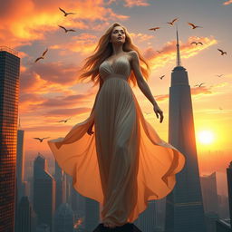A giant woman standing majestically in a vibrant cityscape, skyscrapers at her feet, looking down with a gentle smile