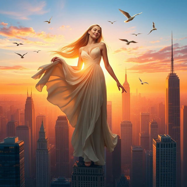 A giant woman standing majestically in a vibrant cityscape, skyscrapers at her feet, looking down with a gentle smile