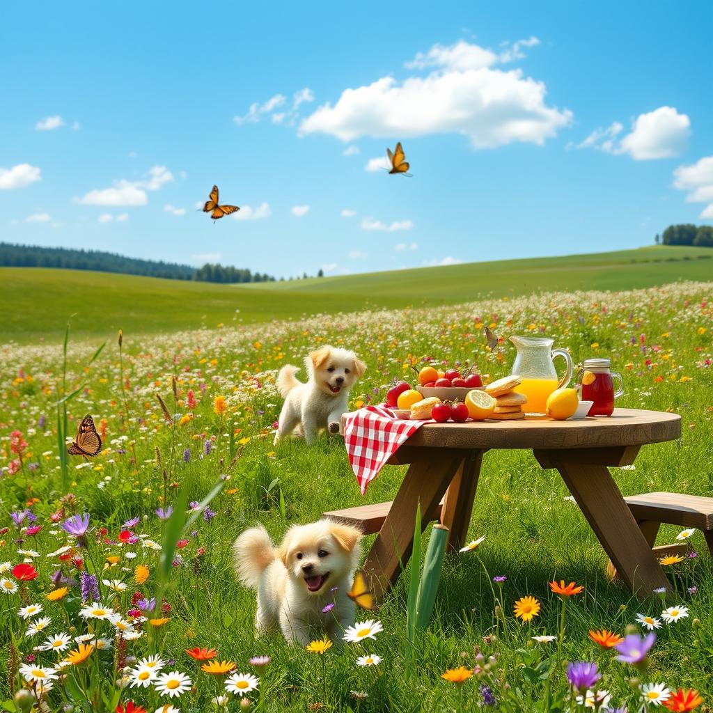 A serene and idyllic landscape featuring a vibrant meadow full of blooming wildflowers under a clear blue sky