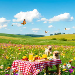 A serene and idyllic landscape featuring a vibrant meadow full of blooming wildflowers under a clear blue sky
