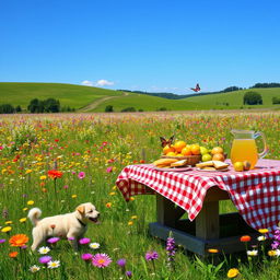 A serene and idyllic landscape featuring a vibrant meadow full of blooming wildflowers under a clear blue sky