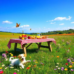 A serene and idyllic landscape featuring a vibrant meadow full of blooming wildflowers under a clear blue sky
