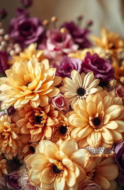 A stunning vintage floral arrangement featuring an array of lush flowers in shades of gold and purple