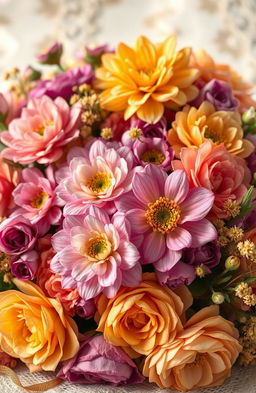 A stunning vintage floral arrangement featuring an array of lush flowers in shades of gold and purple