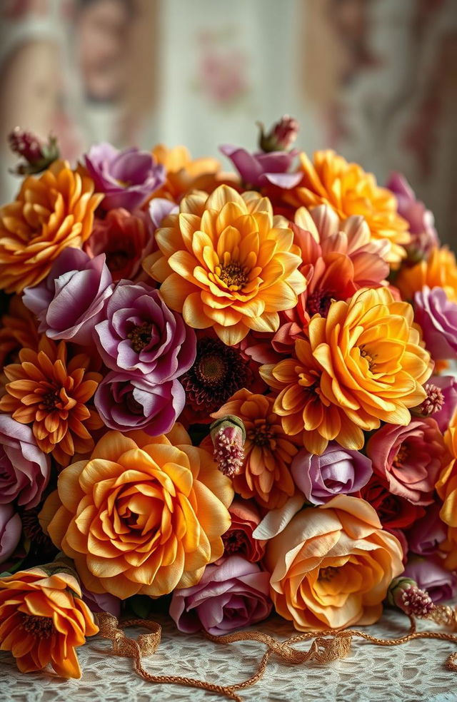 A stunning vintage floral arrangement featuring an array of lush flowers in shades of gold and purple