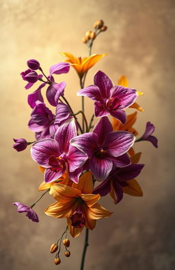 A stunning vintage-inspired image featuring an arrangement of luxurious gold and purple flowers delicately intertwined, surrounded by a soft mist that adds an ethereal quality
