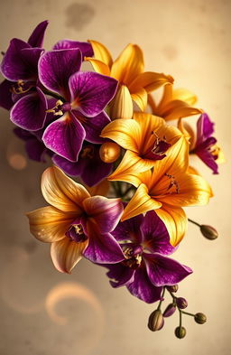 A stunning vintage-inspired image featuring an arrangement of luxurious gold and purple flowers delicately intertwined, surrounded by a soft mist that adds an ethereal quality