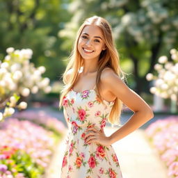 A beautiful young woman, aged around 18, standing confidently with a joyful expression