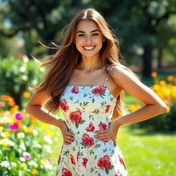 A beautiful young woman, aged around 18, standing confidently with a joyful expression