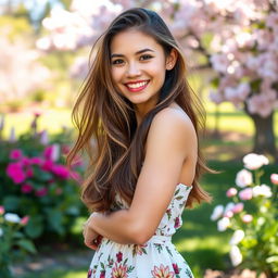 A beautiful young woman, aged around 18, standing confidently with a joyful expression