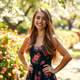 A beautiful young woman, aged around 18, standing confidently with a joyful expression