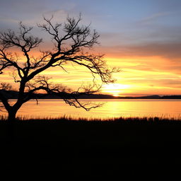 A serene landscape featuring a picturesque sunset over a tranquil lake, with gentle ripples reflecting the vibrant colors of the sky