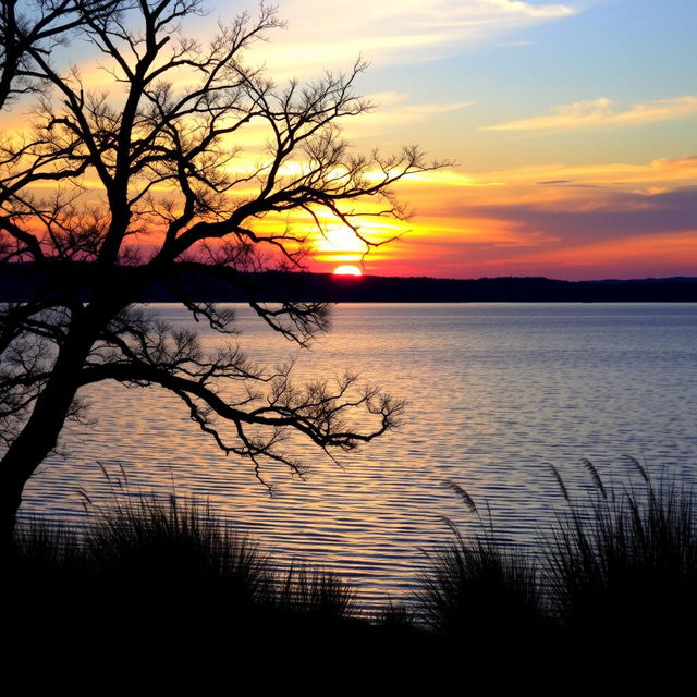 A serene landscape featuring a picturesque sunset over a tranquil lake, with gentle ripples reflecting the vibrant colors of the sky