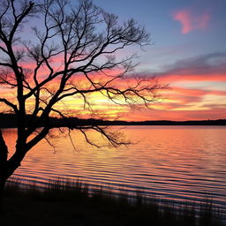 A serene landscape featuring a picturesque sunset over a tranquil lake, with gentle ripples reflecting the vibrant colors of the sky