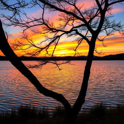 A serene landscape featuring a picturesque sunset over a tranquil lake, with gentle ripples reflecting the vibrant colors of the sky