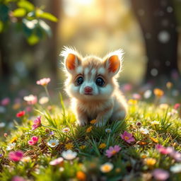A small and adorable creature with fluffy fur and big bright eyes, sitting on a colorful patch of grass