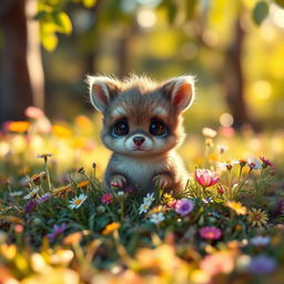 A small and adorable creature with fluffy fur and big bright eyes, sitting on a colorful patch of grass