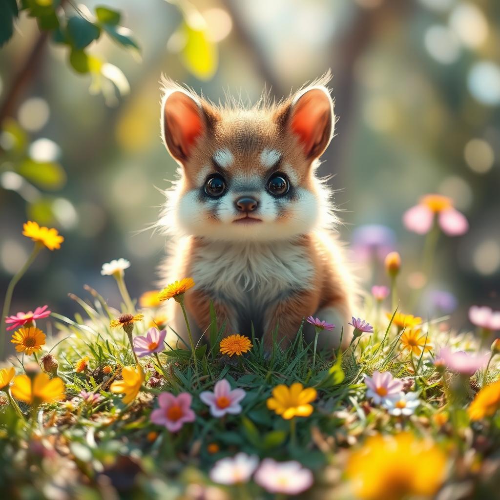 A small and adorable creature with fluffy fur and big bright eyes, sitting on a colorful patch of grass