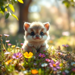 A small and adorable creature with fluffy fur and big bright eyes, sitting on a colorful patch of grass
