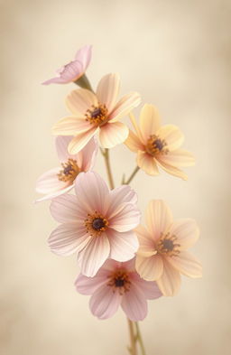 A vintage style artwork featuring soft, faded flowers in shades of gold and purple