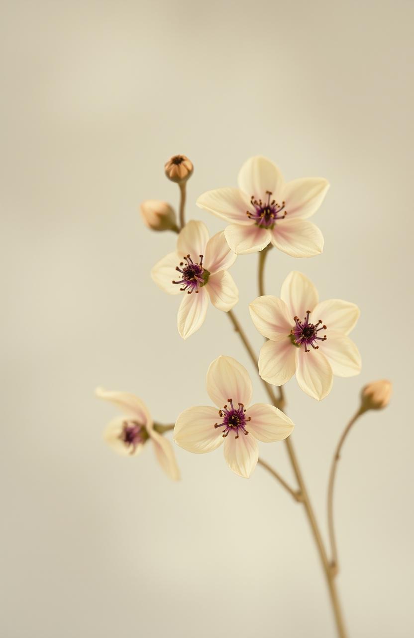 A vintage style artwork featuring soft, faded flowers in shades of gold and purple