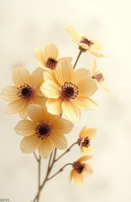 A vintage style artwork featuring soft, faded flowers in shades of gold and purple