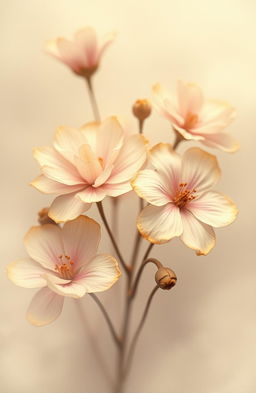 A vintage style artwork featuring soft, faded flowers in shades of gold and purple