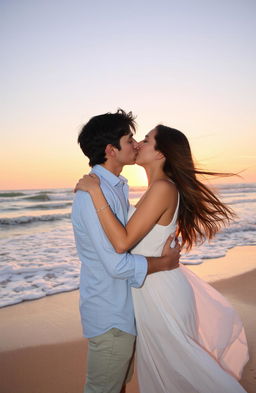 A romantic scene of a boy and a girl passionately kissing on a beautiful beach, with waves gently crashing on the shore