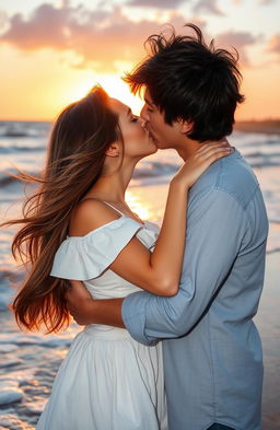 A romantic scene of a boy and a girl passionately kissing on a beautiful beach, with waves gently crashing on the shore