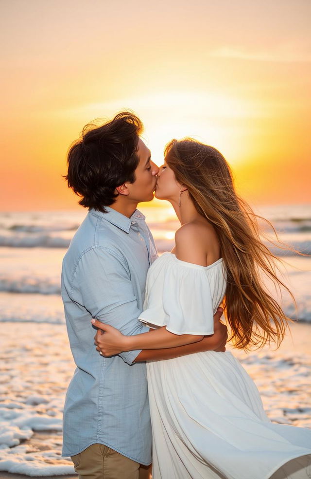 A romantic scene of a boy and a girl passionately kissing on a beautiful beach, with waves gently crashing on the shore