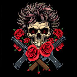 A modernized album cover art in the style of 80s-90s alternative grunge featuring a skull with rock hair, surrounded by vibrant red roses and two old guns crossed beneath