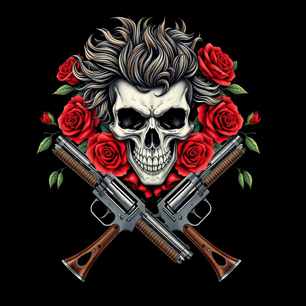 A modernized album cover art in the style of 80s-90s alternative grunge featuring a skull with rock hair, surrounded by vibrant red roses and two old guns crossed beneath