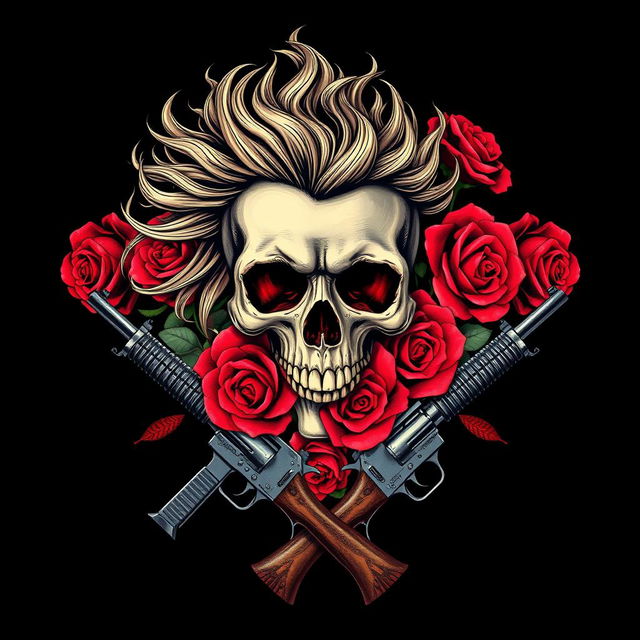 A modernized album cover art in the style of 80s-90s alternative grunge featuring a skull with rock hair, surrounded by vibrant red roses and two old guns crossed beneath