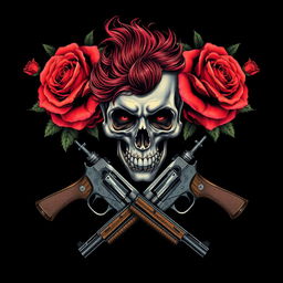 A modernized album cover art in the style of 80s-90s alternative grunge featuring a skull with rock hair, surrounded by vibrant red roses and two old guns crossed beneath