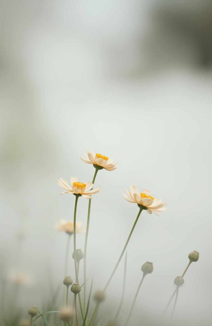 A serene landscape featuring elegant gold and grey flowers emerging from a soft mist, symbolizing purity