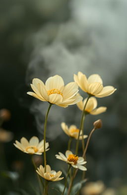 A serene landscape featuring elegant gold and grey flowers emerging from a soft mist, symbolizing purity