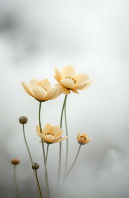 A serene landscape featuring elegant gold and grey flowers emerging from a soft mist, symbolizing purity
