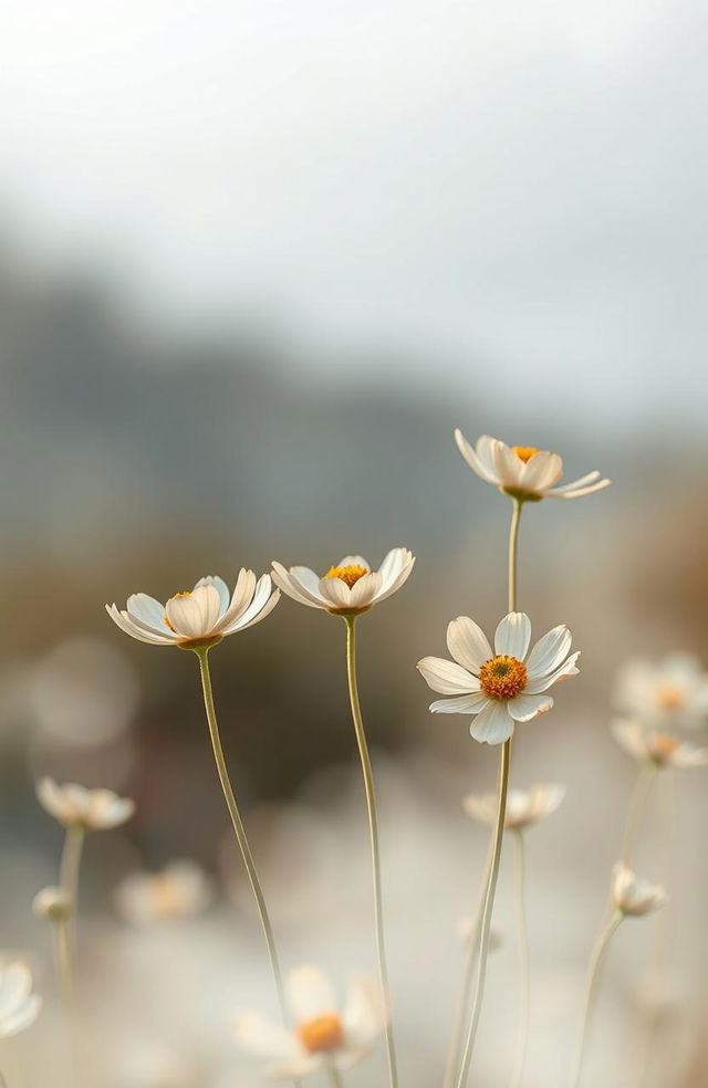 A serene landscape featuring elegant gold and grey flowers emerging from a soft mist, symbolizing purity